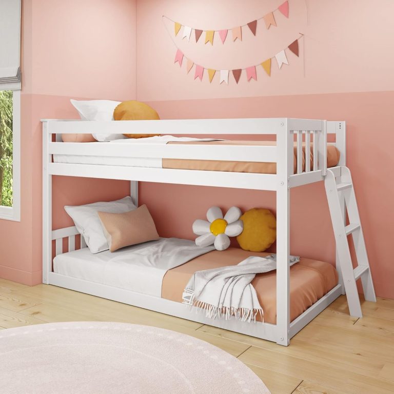 Twin Low Bunk Bed with Ladder on End In White