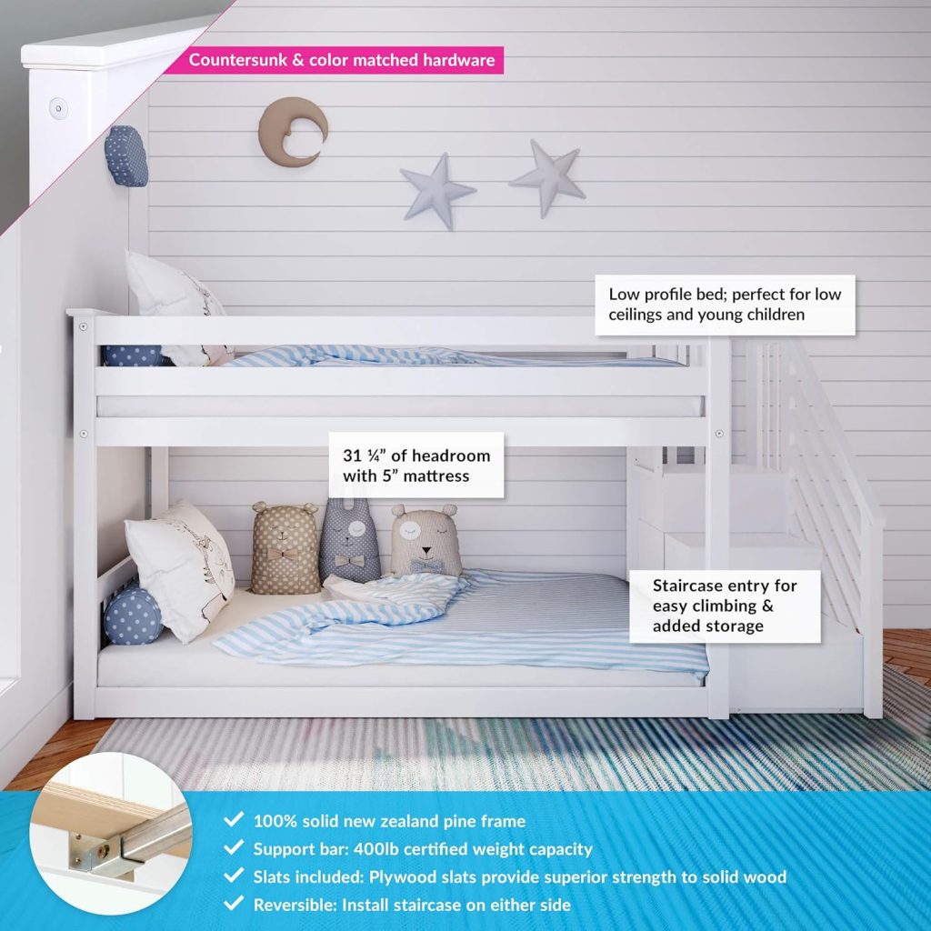 Max And Lily Twin Over Twin Low Bunk Bed With Staircase , White - Image 2