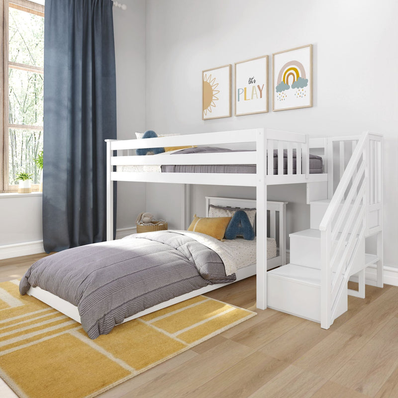 twin over twin L-shaped low bunk bed with staircase