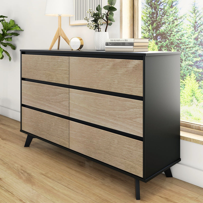Max and Lily Scandinavian 6-Drawer Dresser in Blonde and Black