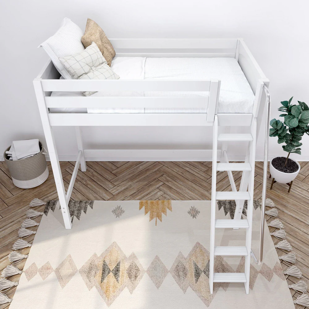 High XL Loft Bed White Panel Twin Front Angle Ladder Lifestyle Top