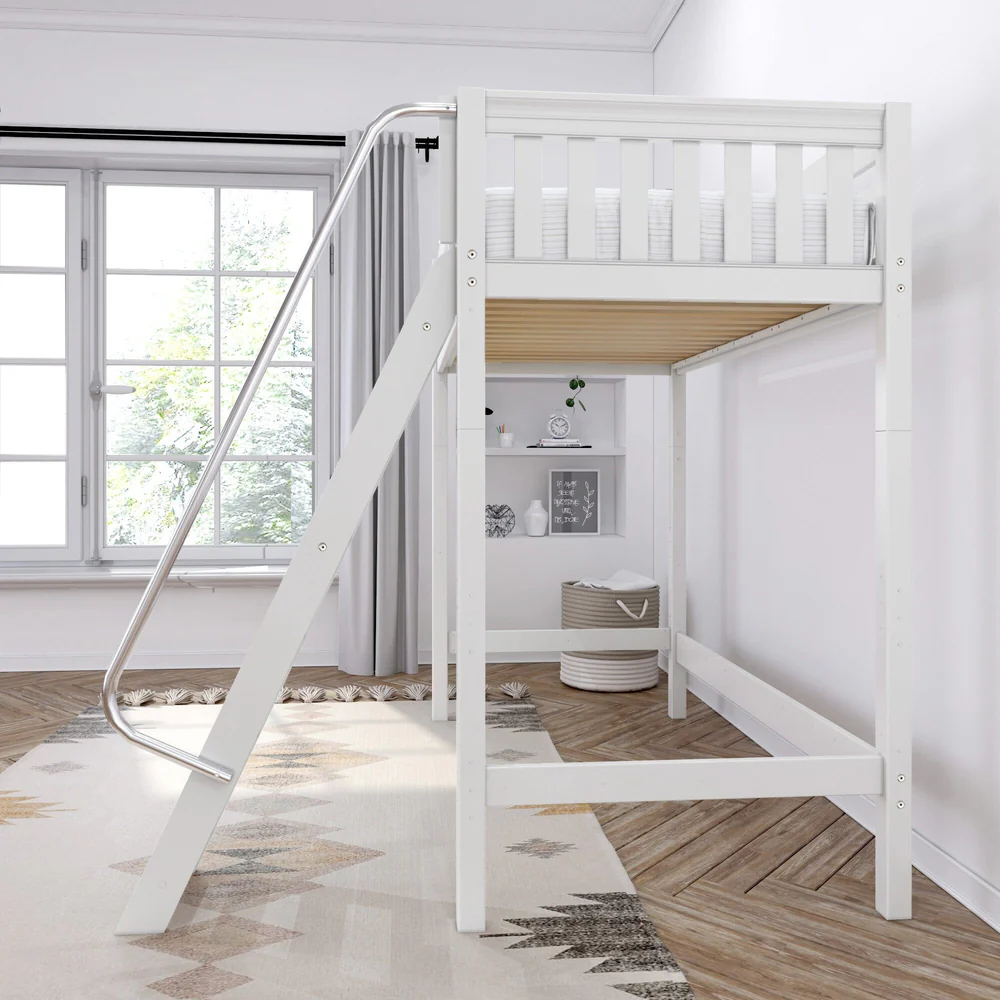 High XL Loft Bed White Slat Twin Front Angle Ladder Lifestyle Side