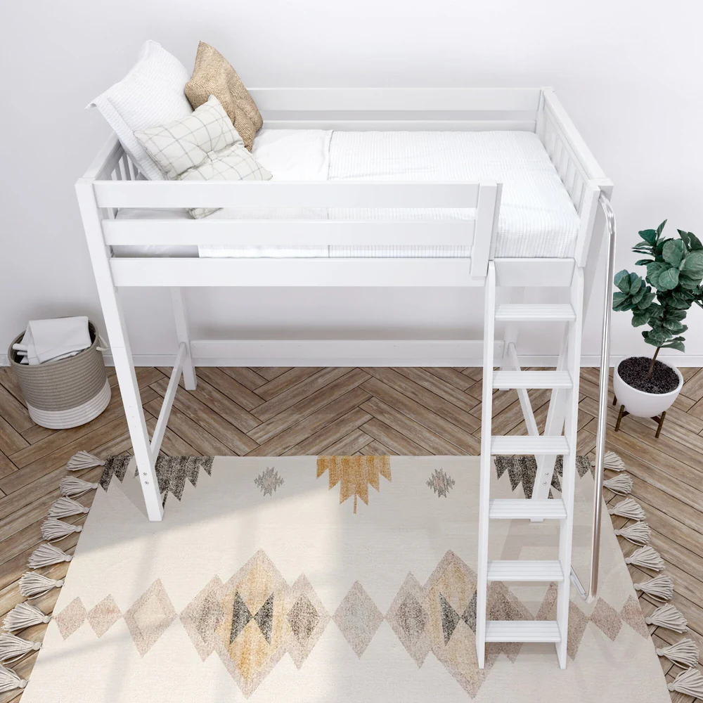 High XL Loft Bed White Slat Twin Front Angle Ladder Lifestyle Top