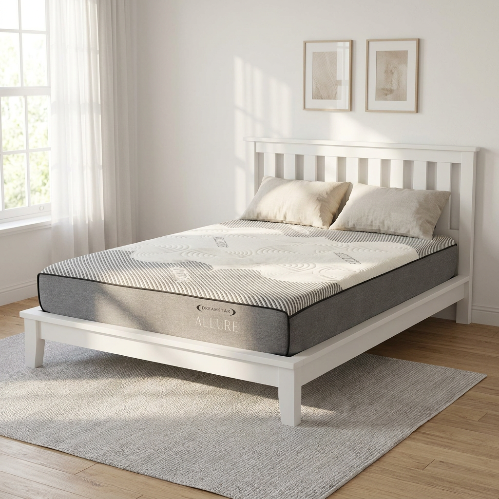Bedsmart Allure Cooling Gel 8.5″ mattress on a white platform bed