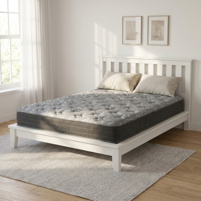 bedsmart-aurora-breeze-7-5-mattress Bedsmart Aurora Breeze 7.5″ grey mattress on a white platform bed