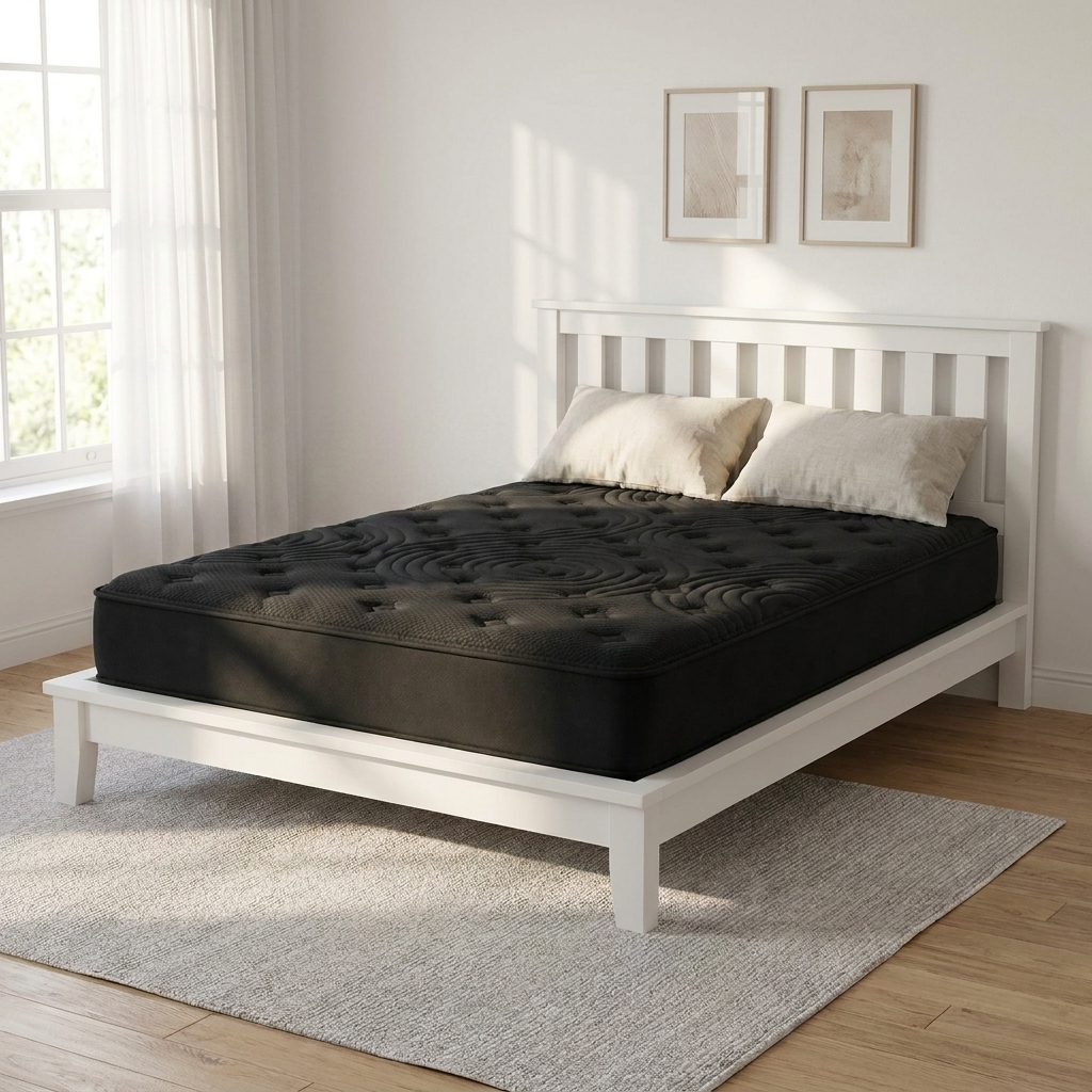 Bedsmart Genesis Noir 8.5″ black cooling gel mattress on a white platform bed