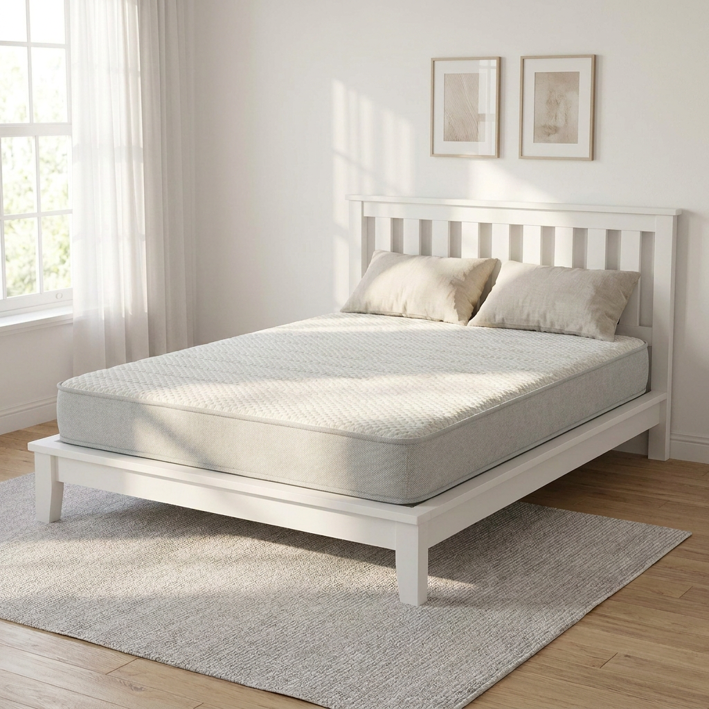Bedsmart SlimComfort 6.5″ slim low-profile mattress on a white platform bed