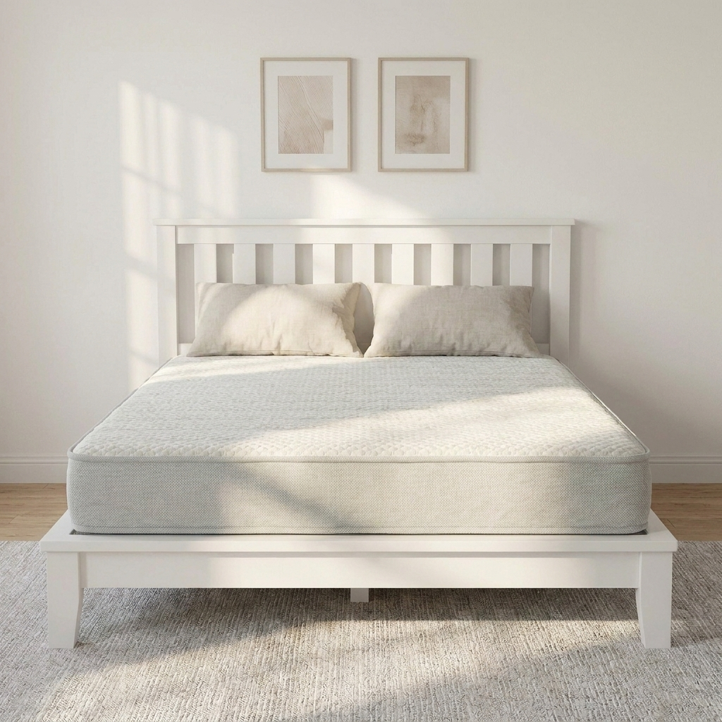 SlimComfort 6.5″ slim mattress, front view on a white platform bed