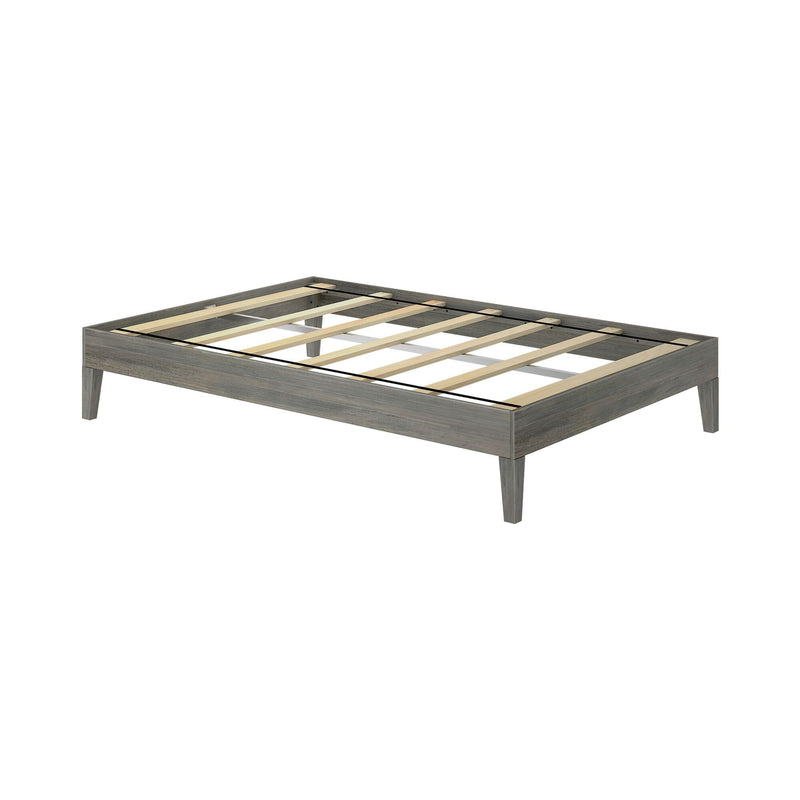 Full Size Platform Bed Driftwood Frame Angle View Full Size Platform Bed in Driftwood - angled view of the bare frame showing the wooden support slats and tapered legs