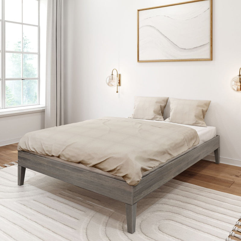 Full Size Platform Bed Driftwood Room Scene Full Size Platform Bed in Driftwood - angled room scene made up with tan bedding beside a bright window