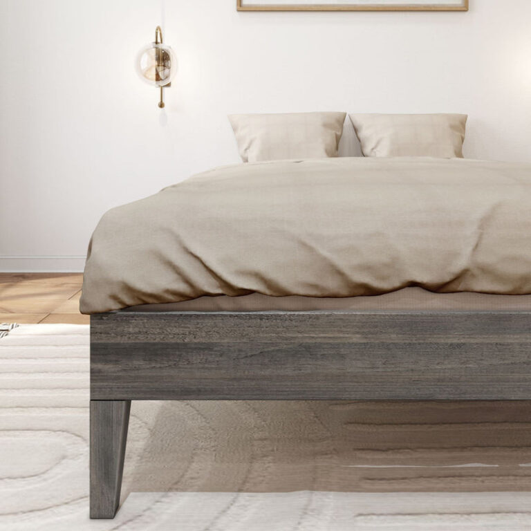 Full Size Platform Bed Driftwood Side Rail Detail Full Size Platform Bed in Driftwood - close-up of the low solid-wood platform side rail and tapered corner leg