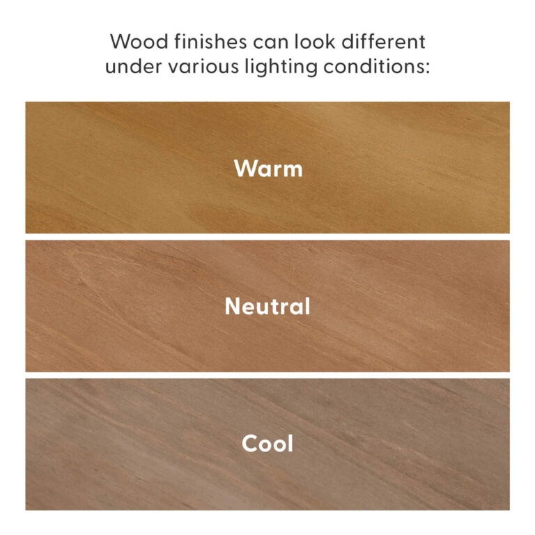 Full Size Platform Bed Pecan Finish Comparison Full Size Platform Bed in Pecan - wood finish comparison showing how the pecan finish appears warm, neutral and cool under different lighting