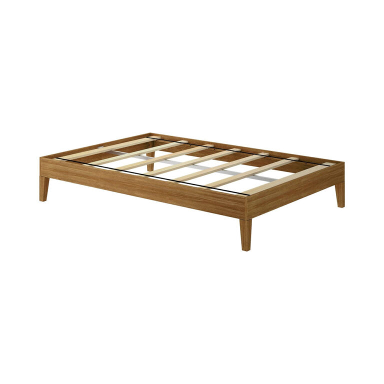 Full Size Platform Bed Pecan Frame Angle View Full Size Platform Bed in Pecan - bare frame shown at an angle with wooden support slats and tapered legs