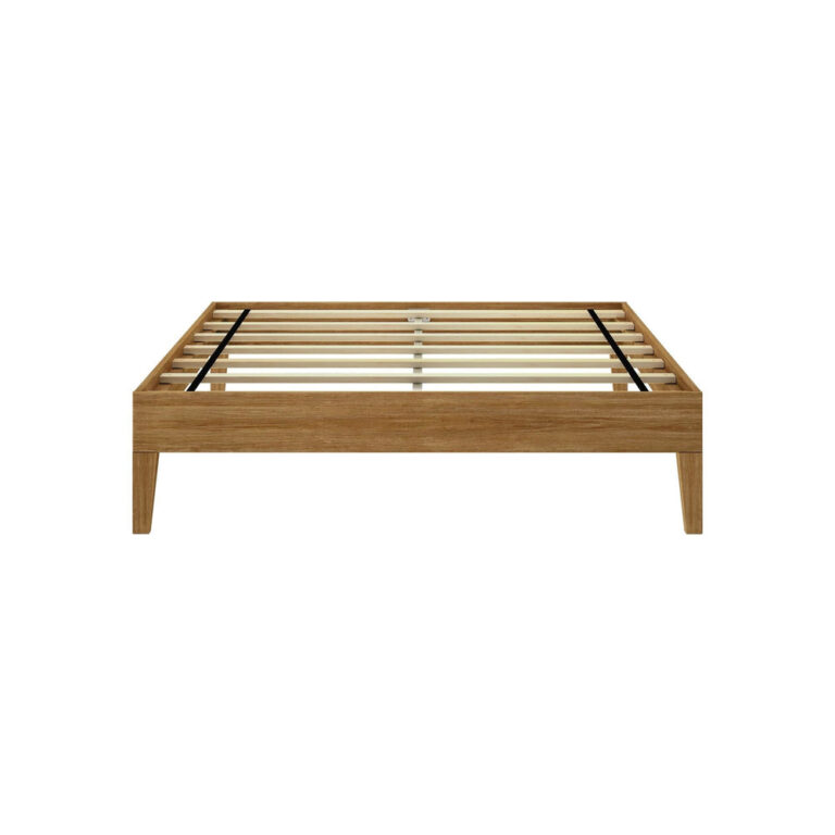 Full Size Platform Bed Pecan Frame Front View Full Size Platform Bed in Pecan - front view of the bare frame showing evenly spaced wooden support slats and legs