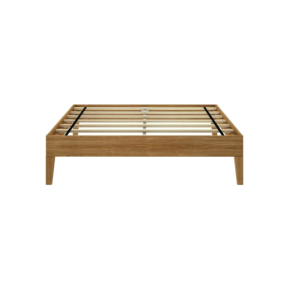 Full Size Platform Bed Pecan Frame Front View Full Size Platform Bed in Pecan - front view of the bare frame showing evenly spaced wooden support slats and legs