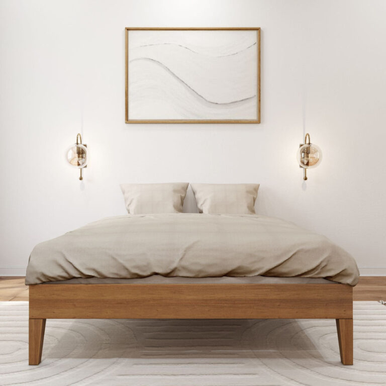 Full Size Platform Bed Pecan Front View Full Size Platform Bed in Pecan - front view styled with beige bedding, matching wall sconces and framed wall art