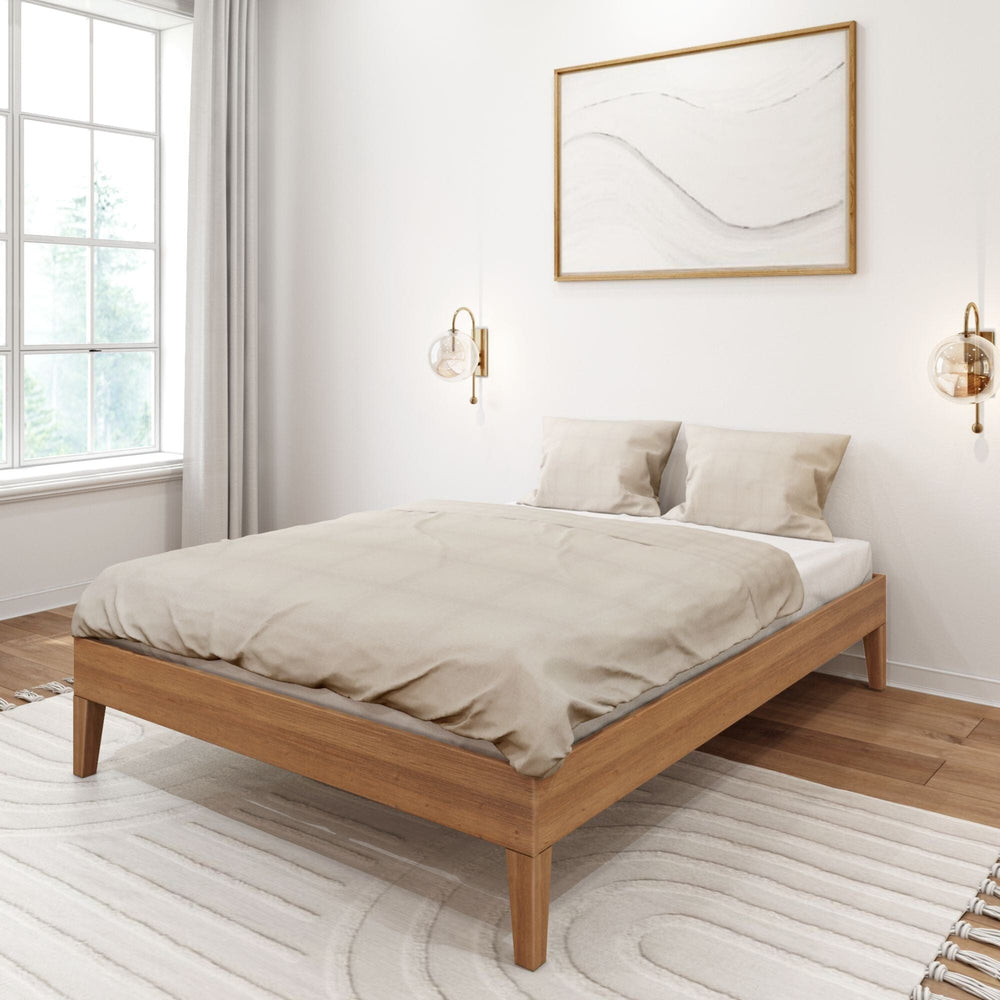 Full Size Platform Bed Pecan Room Scene 5 Full Size Platform Bed in Pecan - full bedroom scene with bright window, curtains and patterned area rug