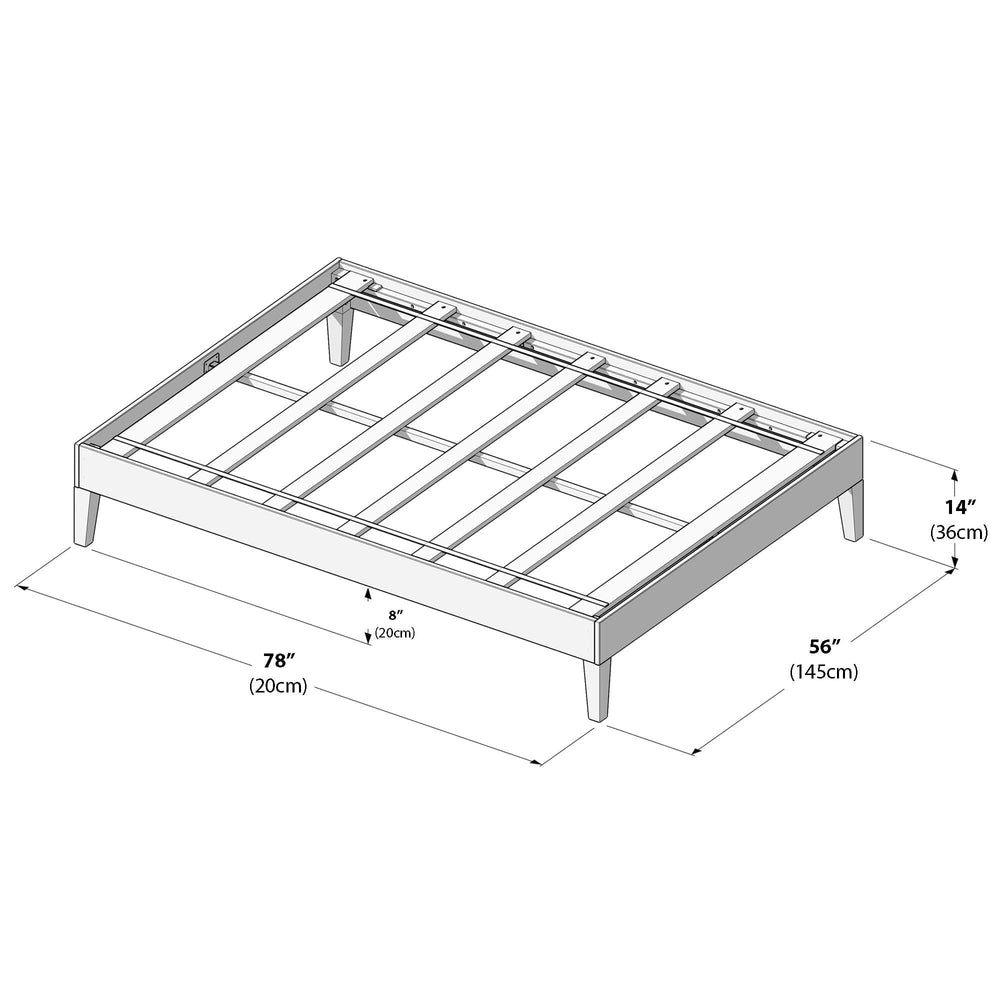 Full Size Platform Bed Walnut Dimensions Diagram Full Size Platform Bed in Walnut - line diagram showing dimensions of 78 inches long, 56 inches wide and 14 inches tall with slat spacing.