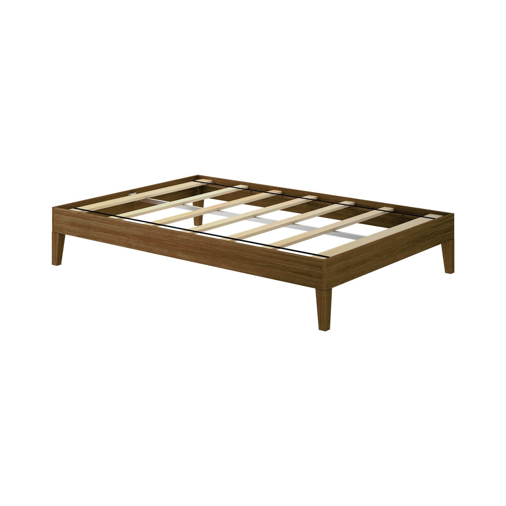 Full Size Platform Bed Walnut Frame Slats Full Size Platform Bed in Walnut - bare wooden bed frame showing the wooden slat mattress support and tapered legs.