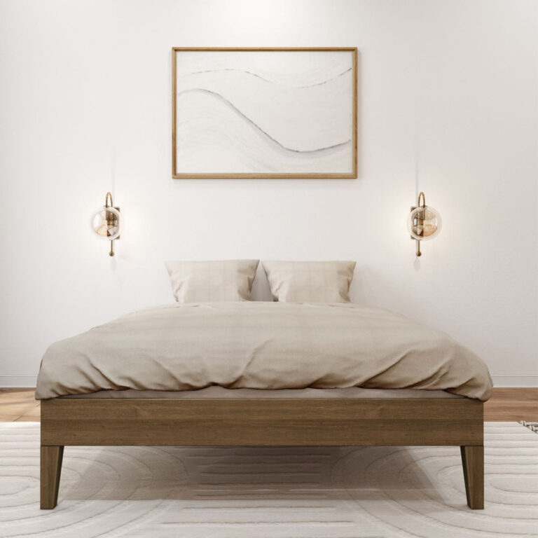 Full Size Platform Bed Walnut Front View Full Size Platform Bed in Walnut - front view of the bed with beige bedding, wall sconces and framed art above.