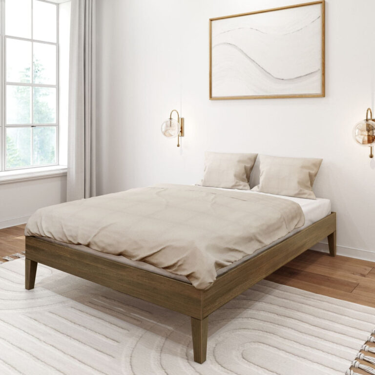Full Size Platform Bed Walnut Room Scene Full Size Platform Bed in Walnut - the low platform bed styled in a bright bedroom with a window, patterned rug and wall art.