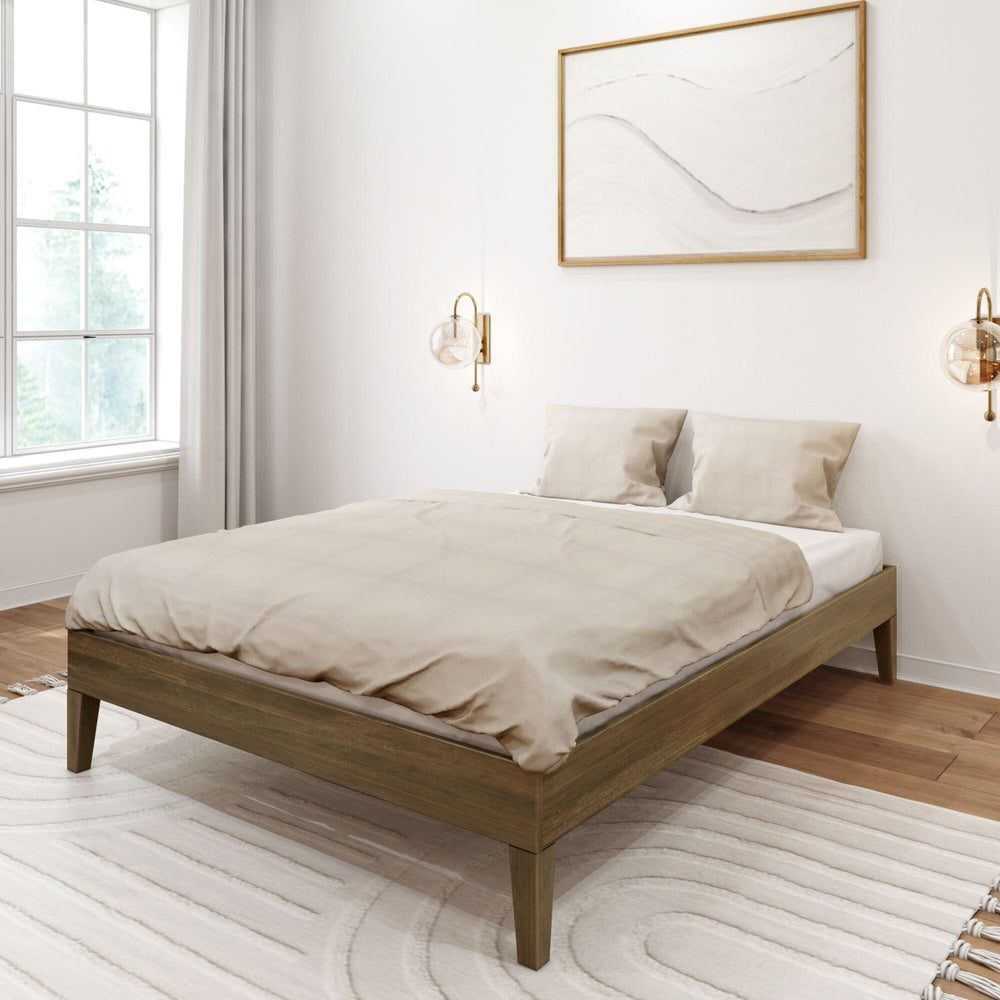 Full Size Platform Bed Walnut Room Scene Full Size Platform Bed in Walnut - the low platform bed styled in a bright bedroom with a window, patterned rug and wall art.