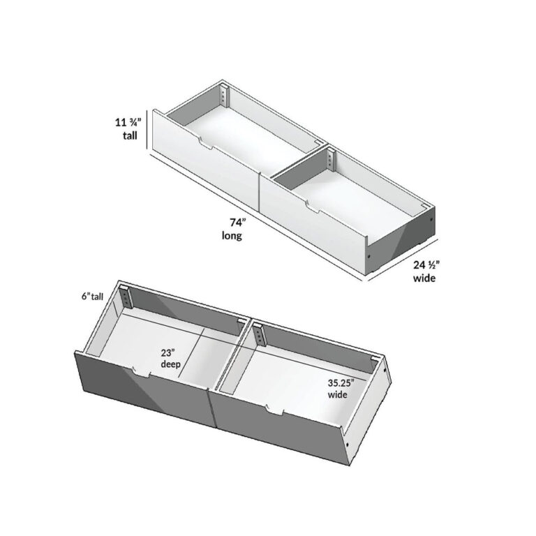 Max And Lily 2 Under Bed Storage Drawers Natural Dimensions Diagram Max and Lily 2 Under bed Storage Drawers in natural - dimensions diagram showing 74 inches long, 24.5 inches wide, 11.75 inches tall with a 6-inch-deep interior