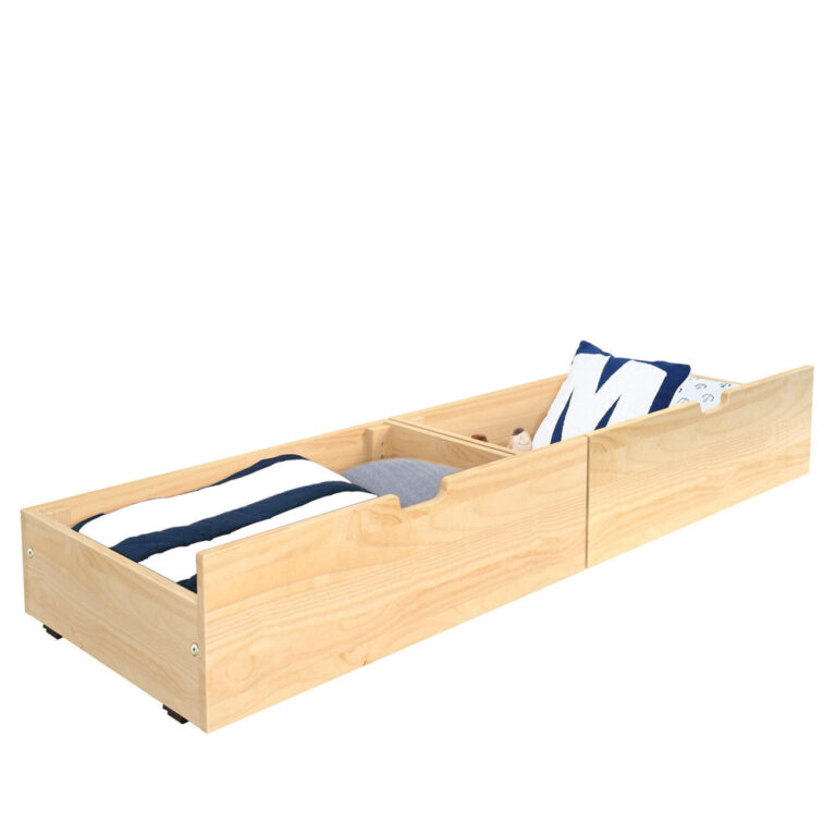 Max And Lily 2 Under Bed Storage Drawers Natural Drawers Holding Bedding Max and Lily 2 Under bed Storage Drawers in Natural - angled view of both drawers holding folded blankets and pillows