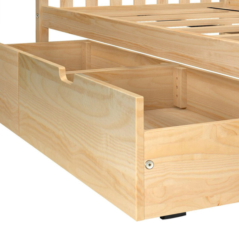 Max And Lily 2 Under Bed Storage Drawers Natural Under Bed Detail Max and Lily 2 Under bed Storage Drawers in Natural - closeup of a drawer pulled out beneath a slatted bed frame