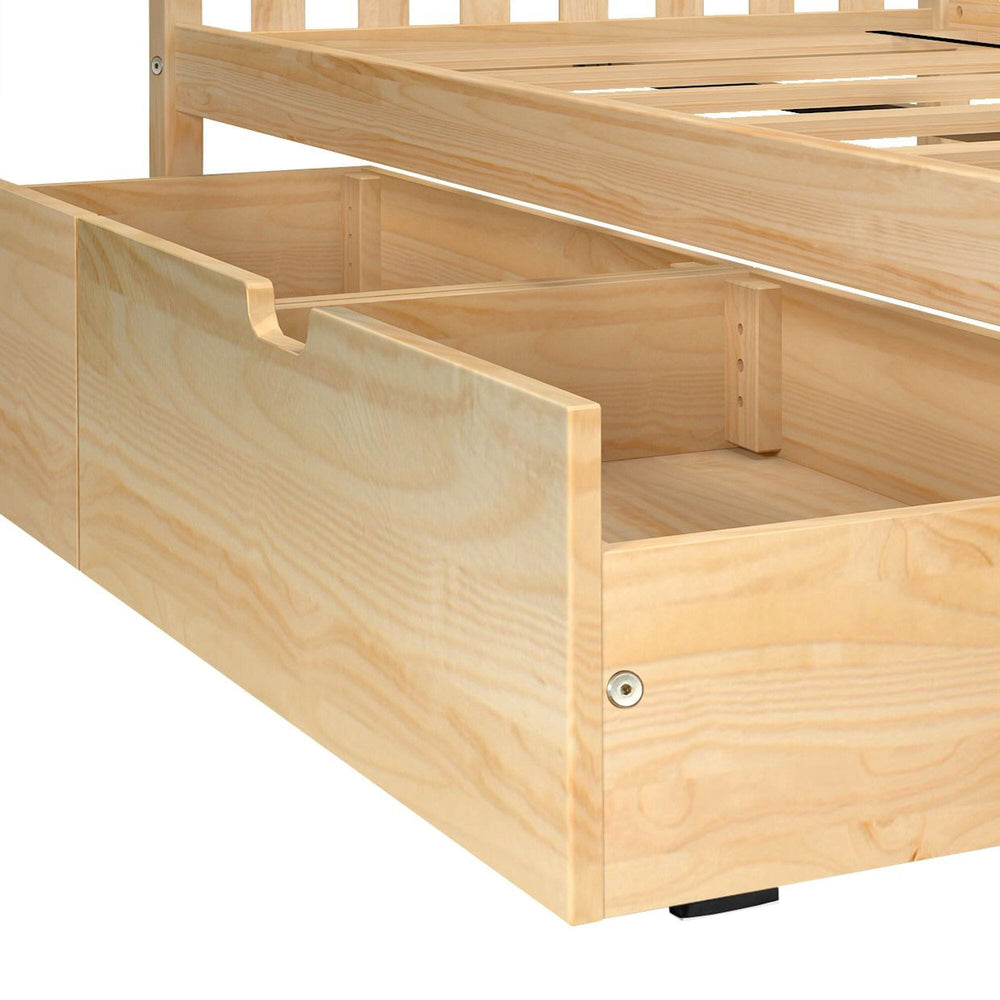 Max And Lily 2 Under Bed Storage Drawers Natural Under Bed Detail Max and Lily 2 Under bed Storage Drawers in Natural - closeup of a drawer pulled out beneath a slatted bed frame
