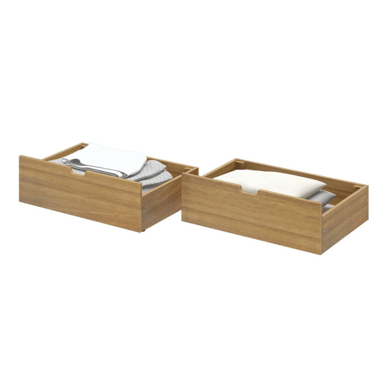 Max And Lily 2 Under Bed Storage Drawers Pecan Filled With Bedding Max and Lily 2 Under bed Storage Drawers in Pecan - angled view of both solid wood drawers filled with folded linens and a pillow