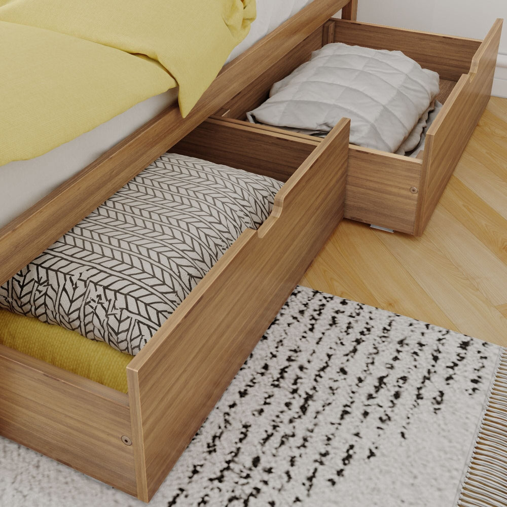 Max And Lily 2 Under Bed Storage Drawers Pecan Room Scene Max and Lily 2 Under bed Storage Drawers in Pecan - two rolling drawers pulled out from under a bed in a cozy room, holding a pillow and patterned bedding