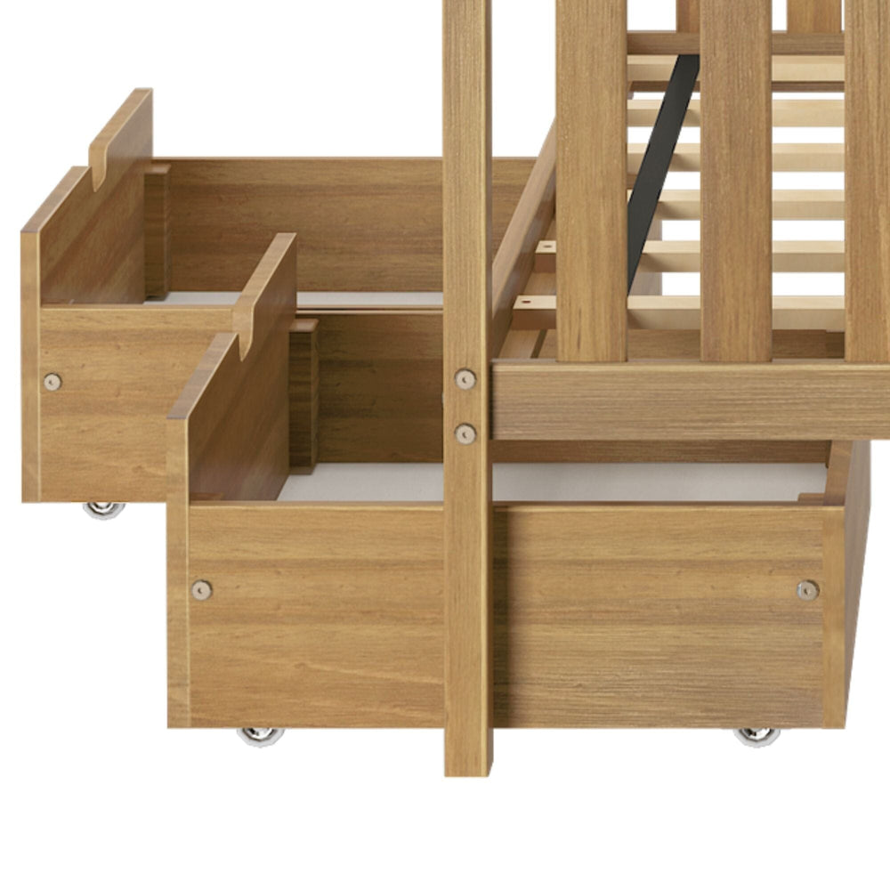 Max And Lily 2 Under Bed Storage Drawers Pecan Under Bed Detail Max and Lily 2 Under bed Storage Drawers in Pecan - both drawers rolled out on caster wheels beneath a slatted wood bed frame