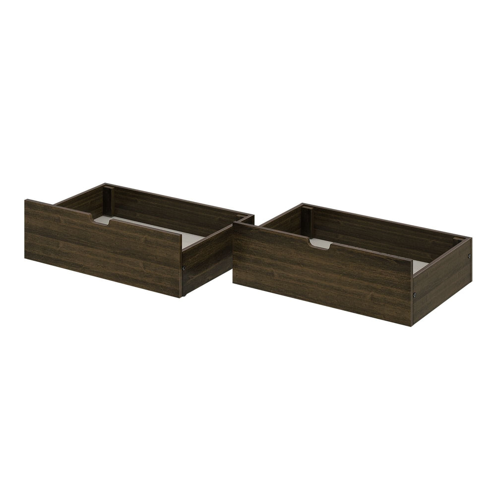 Max And Lily 2 Under Bed Storage Drawers Walnut Angle View Max and Lily 2 Under bed Storage Drawers in Walnut - two empty wooden under-bed drawers with cut-out handles shown at an angle