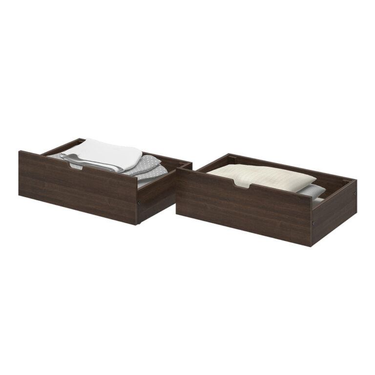 Max And Lily 2 Under Bed Storage Drawers Walnut Drawers With Bedding Max and Lily 2 Under bed Storage Drawers in Walnut - pair of low wooden storage drawers holding folded linens and a pillow