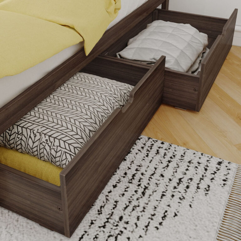 Max And Lily 2 Under Bed Storage Drawers Walnut Room Scene Max and Lily 2 Under bed Storage Drawers in Walnut - two rolling drawers pulled out from under a bed with yellow bedding, each drawer filled with folded blankets and pillows
