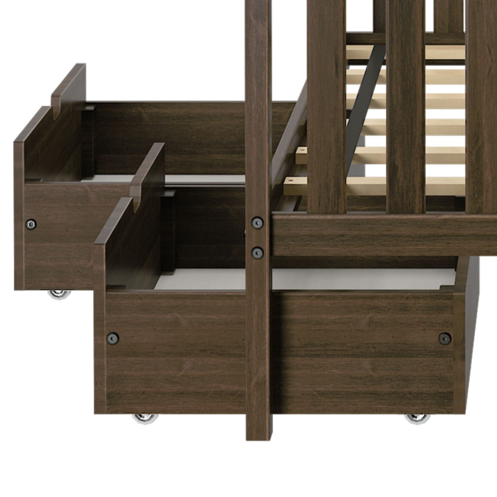 Max And Lily 2 Under Bed Storage Drawers Walnut Under Bed Detail Max and Lily 2 Under bed Storage Drawers in Walnut - close-up of the two drawers rolled out beneath a solid wood bed frame with visible support slats