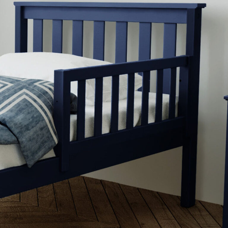 Max and Lily Add on Safety Guard Rail in blue - guard rail mounted on the side of a bed with mattress and pillows in a bedroom