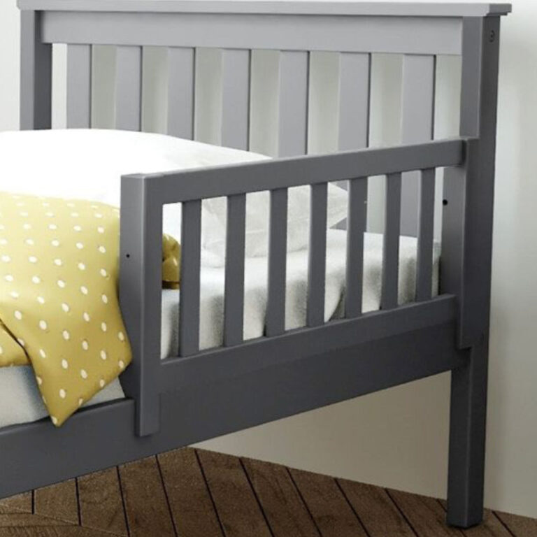 Max and Lily Add on Safety Guard Rail in grey - guard rail installed on a bed beside a slatted headboard and mattress