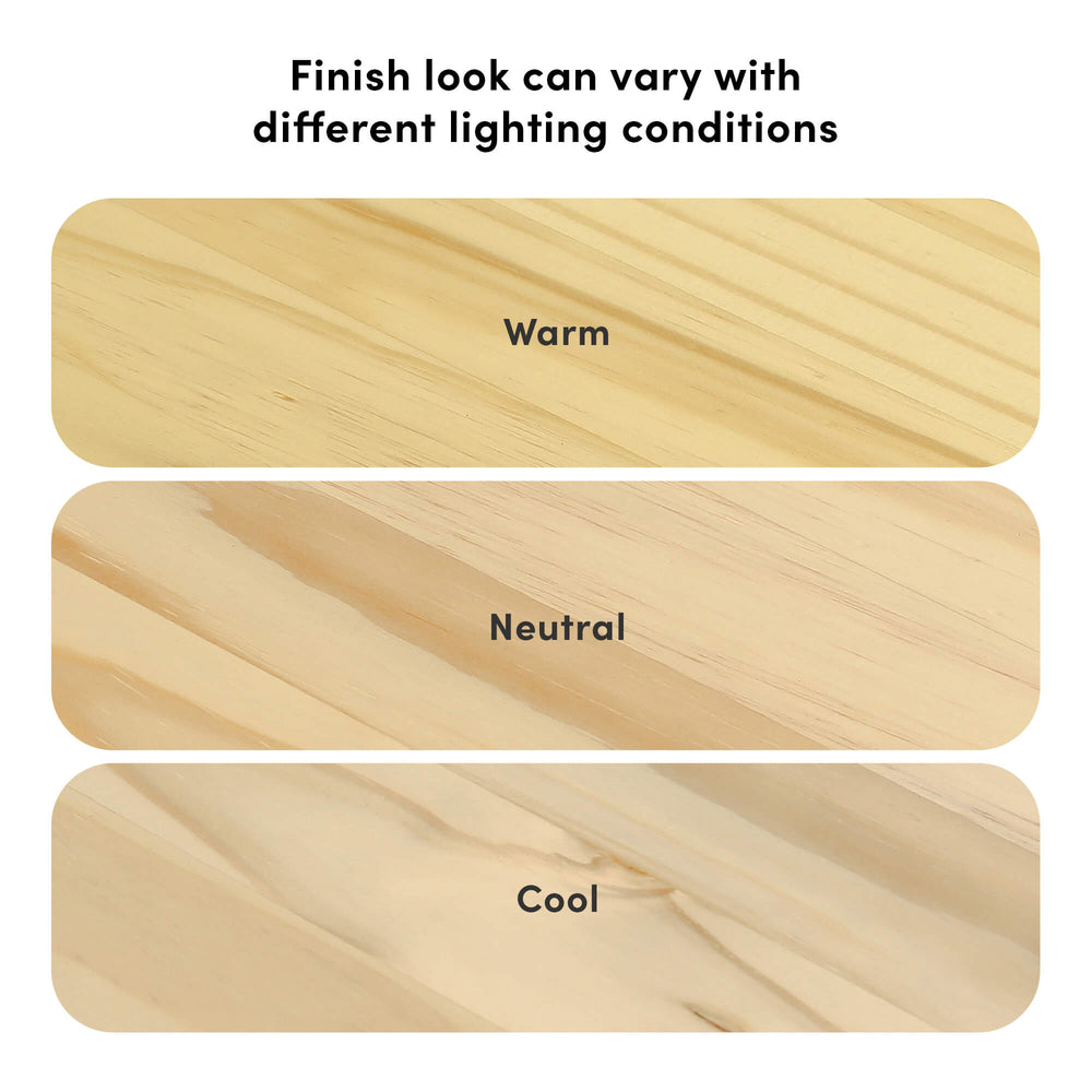Max and Lily Add on Safety Guard Rail in Natural - finish comparison showing the wood grain under warm, neutral, and cool lighting