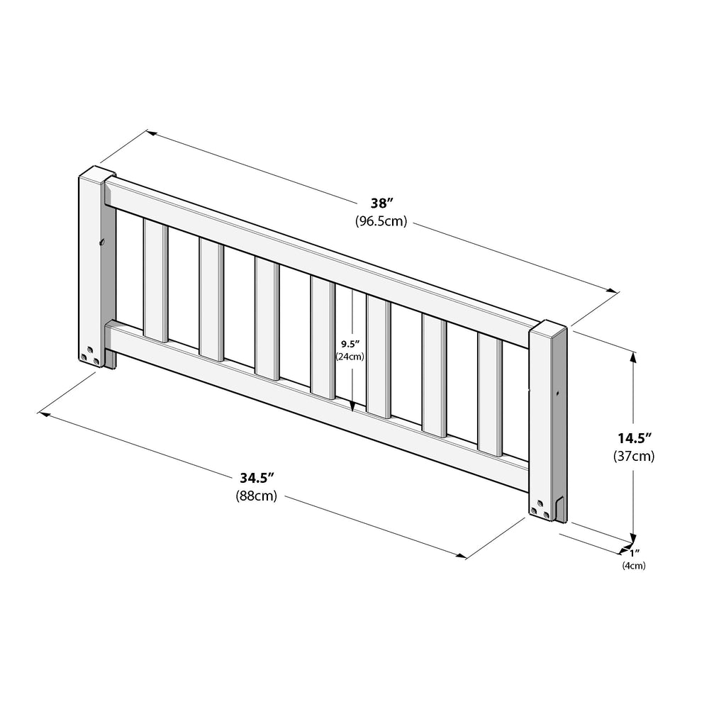 Max and Lily Add on Safety Guard Rail in pecan - dimensions diagram showing overall width 38 inches, height 14.5 inches and slat spacing