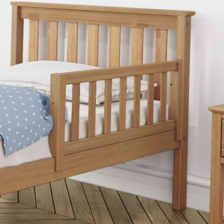 Max and Lily Add on Safety Guard Rail in pecan - guard rail mounted on the side of a bed with a slatted headboard and mattress