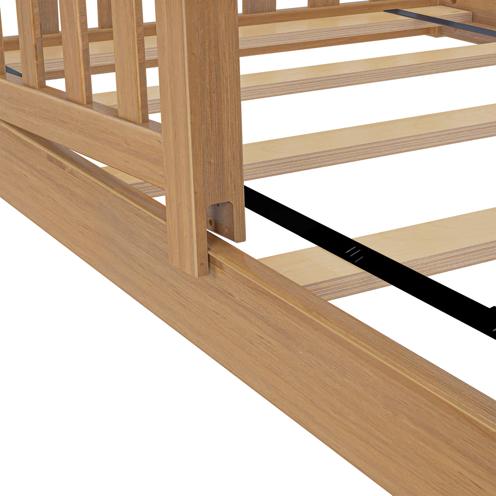 Max and Lily Add on Safety Guard Rail in pecan - close-up of the guard rail attached to the bed frame slats