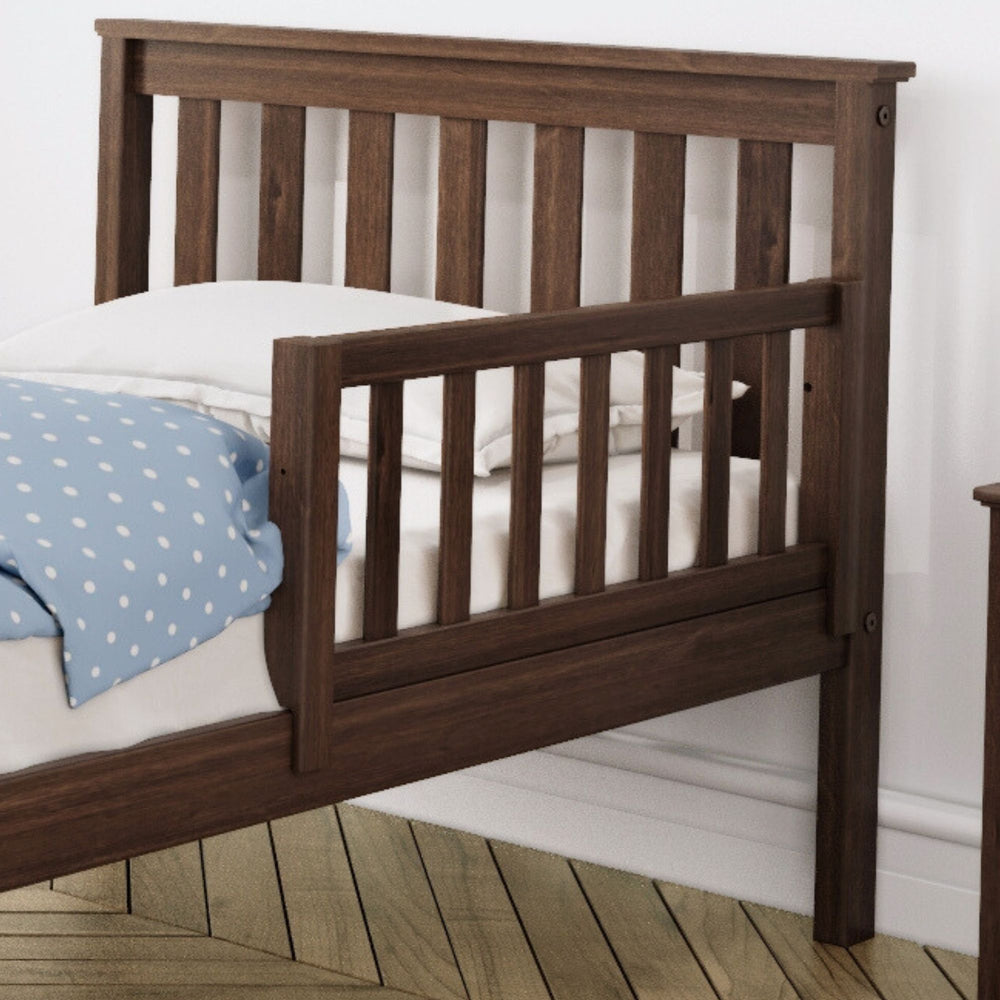 Max and Lily Add on Safety Guard Rail in walnut - guard rail installed along the side of a twin bed with white pillows and blue polka dot bedding.