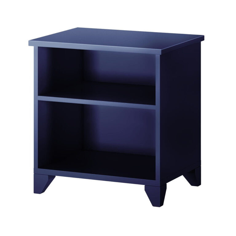 Max And Lily Classic Night Stand With Shelves Blue Angle View Max and Lily Classic Night Stand With Shelves in Blue - angled view on a white background showing the two open shelves and tapered legs.