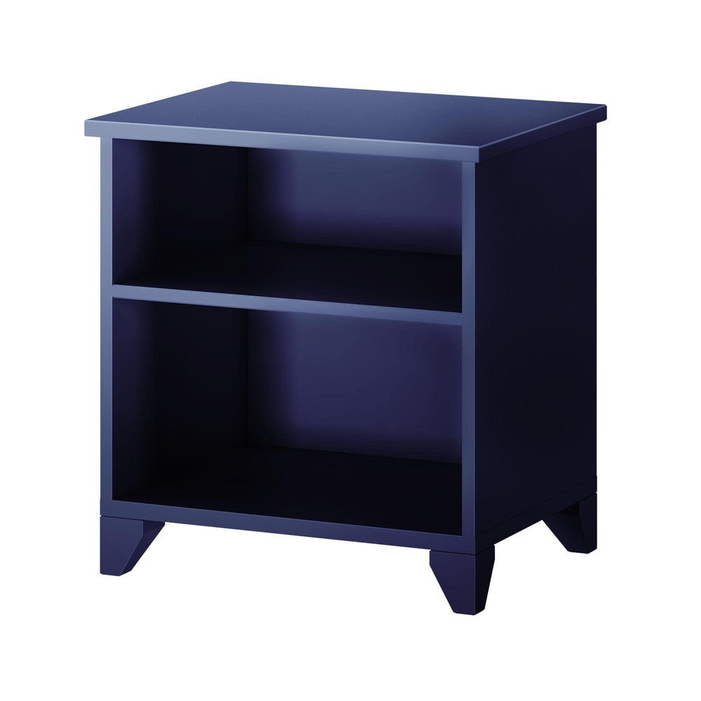 Max and Lily Classic Night Stand With Shelves in Blue - angled view on a white background showing the two open shelves and tapered legs.