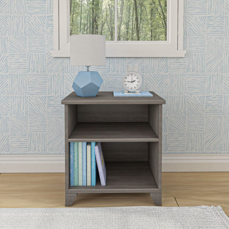 Max And Lily Classic Night Stand With Shelves Clay Front View Max and Lily Classic Night Stand With Shelves in Clay - front view topped with a lamp and clock, books stored on the open lower shelf