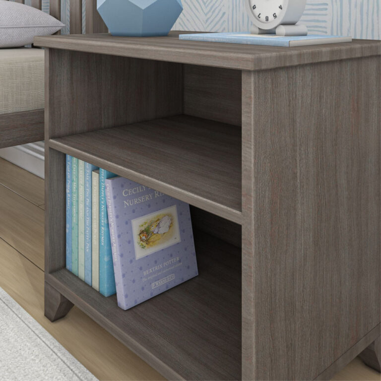 Max And Lily Classic Night Stand With Shelves Clay Shelf Detail Max and Lily Classic Night Stand With Shelves in Clay - close-up of the two open shelves with books stored on the lower shelf