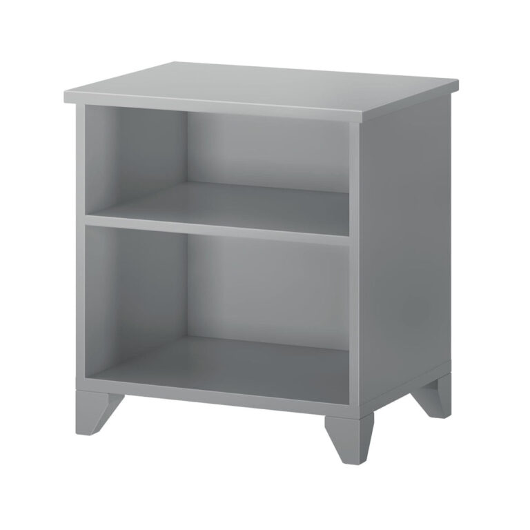 Max And Lily Classic Night Stand With Shelves Grey Angle View Max and Lily Classic Night Stand With Shelves in grey - angled view on a plain background showing the two open shelves and tapered feet.