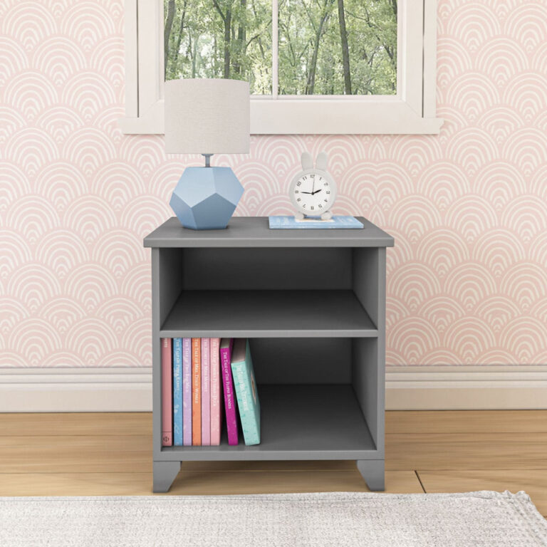 Max And Lily Classic Night Stand With Shelves Grey Front View Max and Lily Classic Night Stand With Shelves in grey - front view showing two open shelves topped with a lamp, clock, and books.